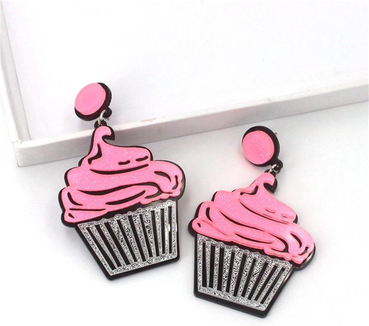 MALOYANVE Cupcake Earrings for Womens Ladies Creative Big Cute Yummy Acrylic Pink Food Cooking Cake Dangle Drop Backing Earrings Sweet Jewelry Epicure Gifts - Image 4