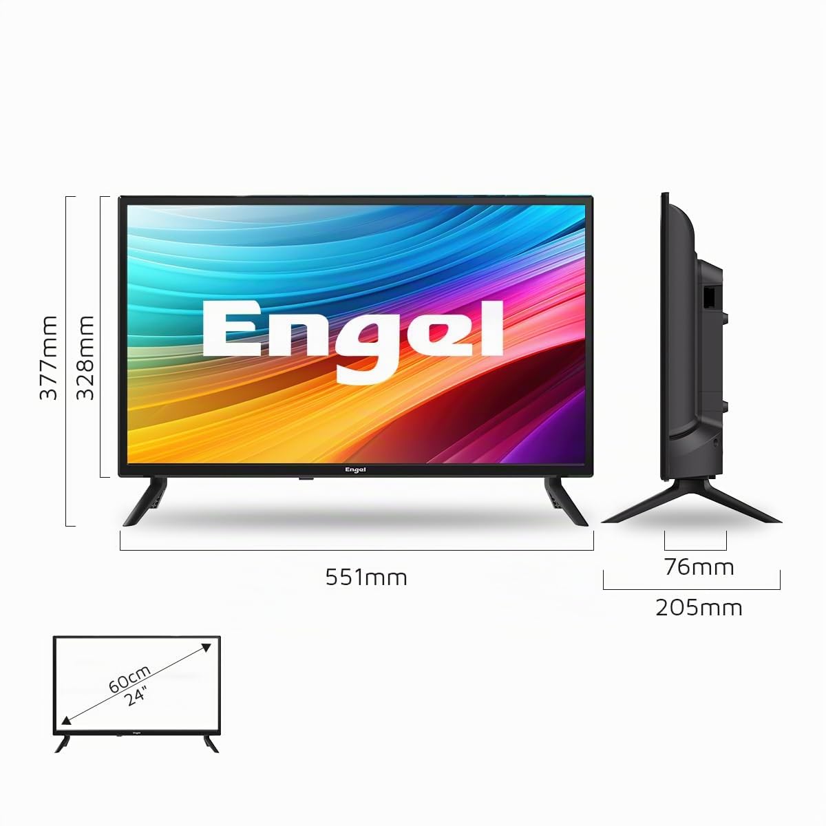 Engel LE2462CA - Televisor LED de 24'' HD Ready para Camping y Caravanas - 3 HDMI, 2 USB, Adaptador de Coche, Audio Dolby, Compacto y Ligero - Sintonizador DVB-T2/S2/C - Modo Hotel - PVR y Time-Shift