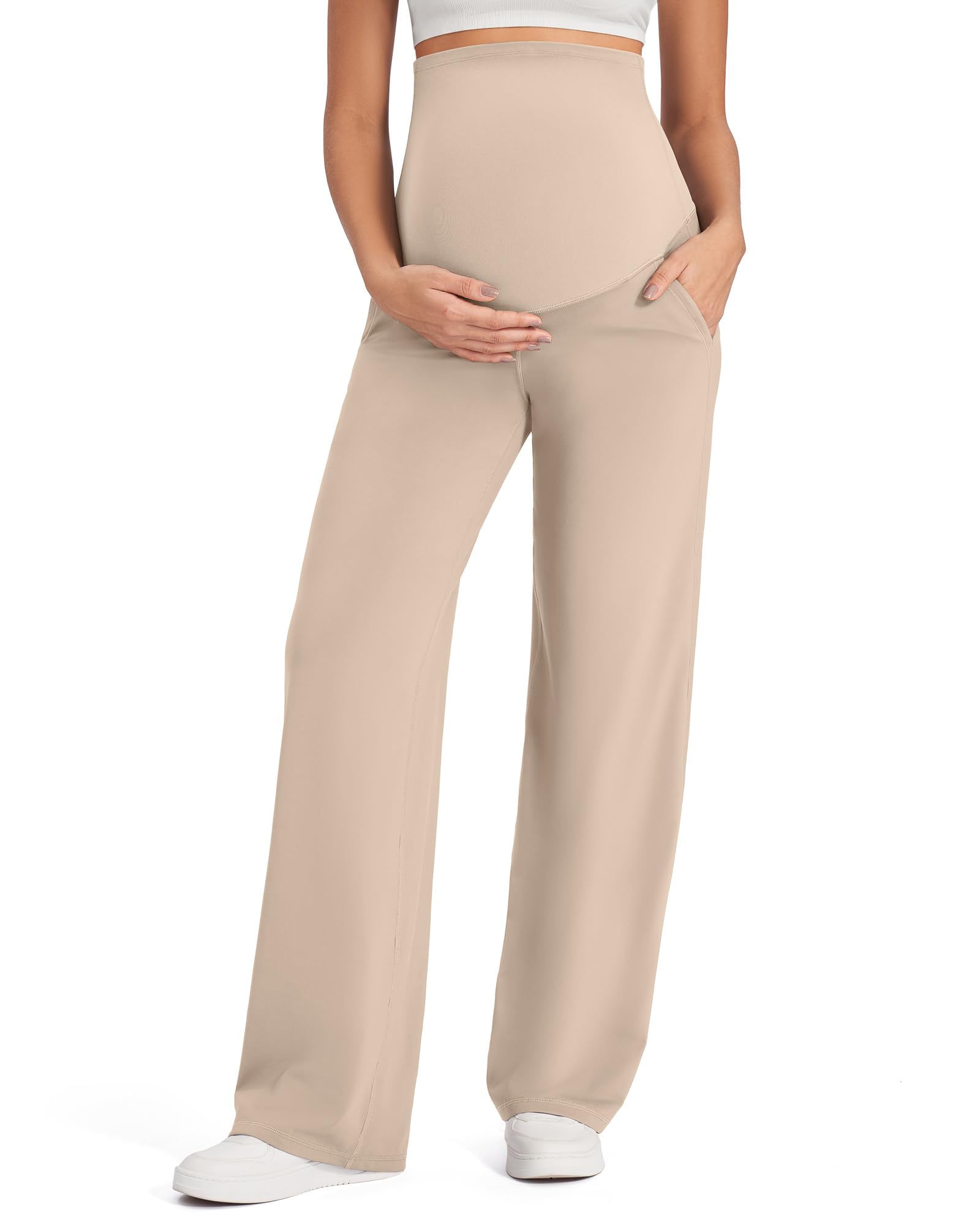 g4free EverGoing Maternity Pants Over the Belly Yoga Dress Work Stretchy Lounge Pregnancy Wide Leg Trousers with Pockets-picture-6