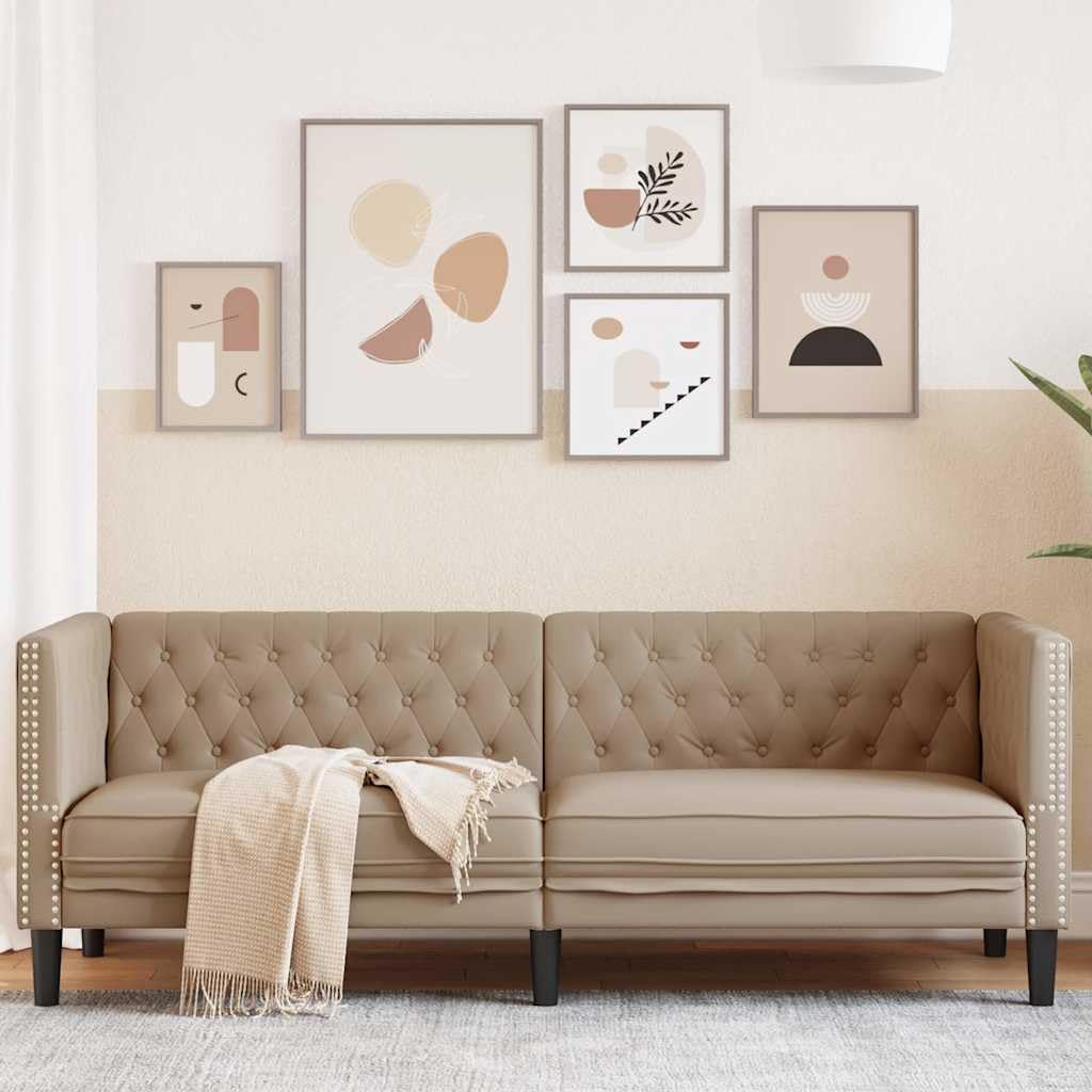 Poltrona Chesterfield a 3 Posti in Similpelle Cappuccino Divano Elegante con Schienale Capitonné e Gambe Robuste per Soggiorno Relax e Arredamento Classico
