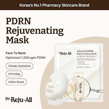 Dr.Reju-All Advanced PDRN Rejuvenating Mask (1.2 Fl Oz x 4EA) | Face & Neck Korean Sheet Mask with 1,200ppm PDRN, Collagen & Copper Peptides, Hydrating & Soothing for Silky-Smooth Skin