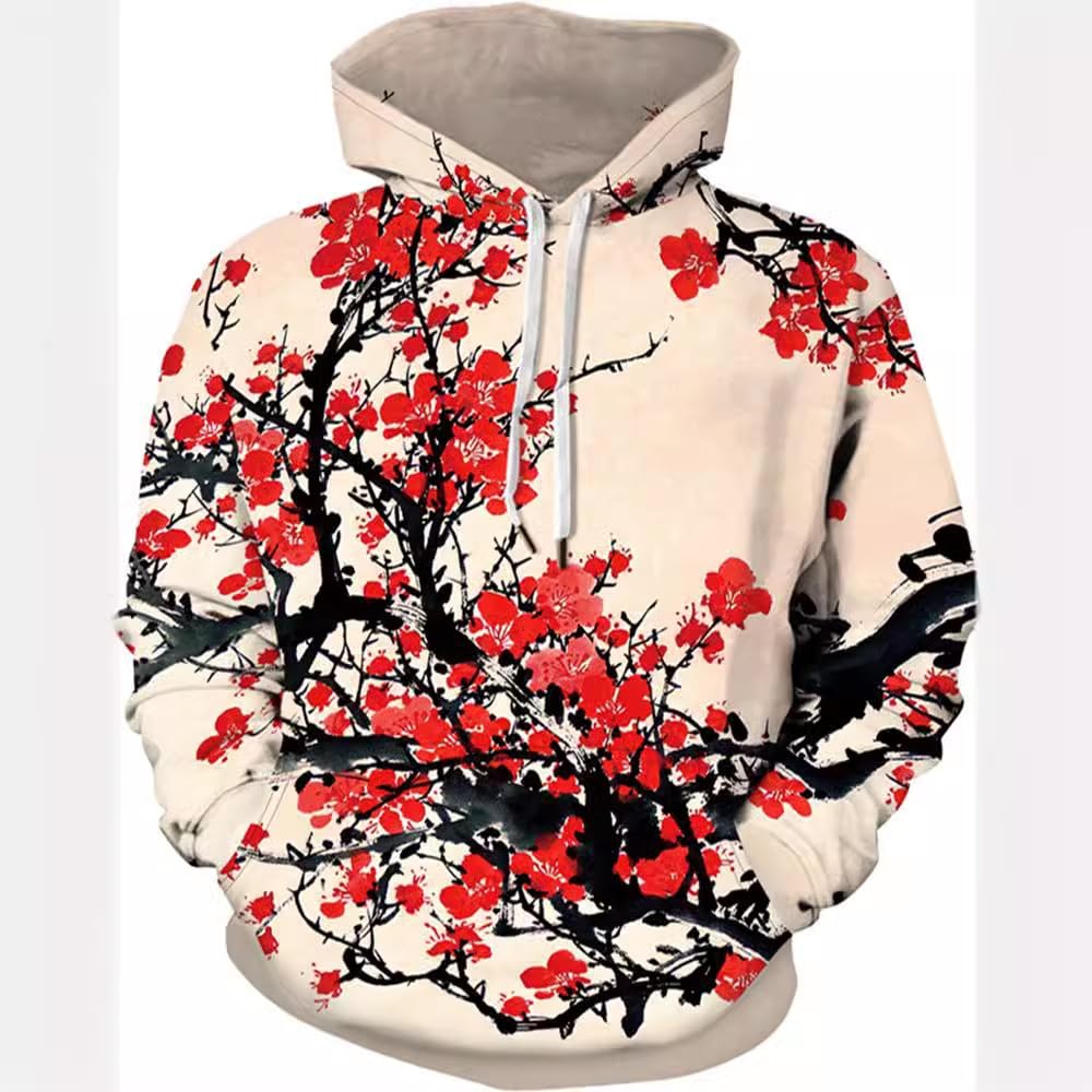 Męska bluza z kapturem z nadrukiem kwiatu śliwy krajobraz luźny krój casualowa bluza