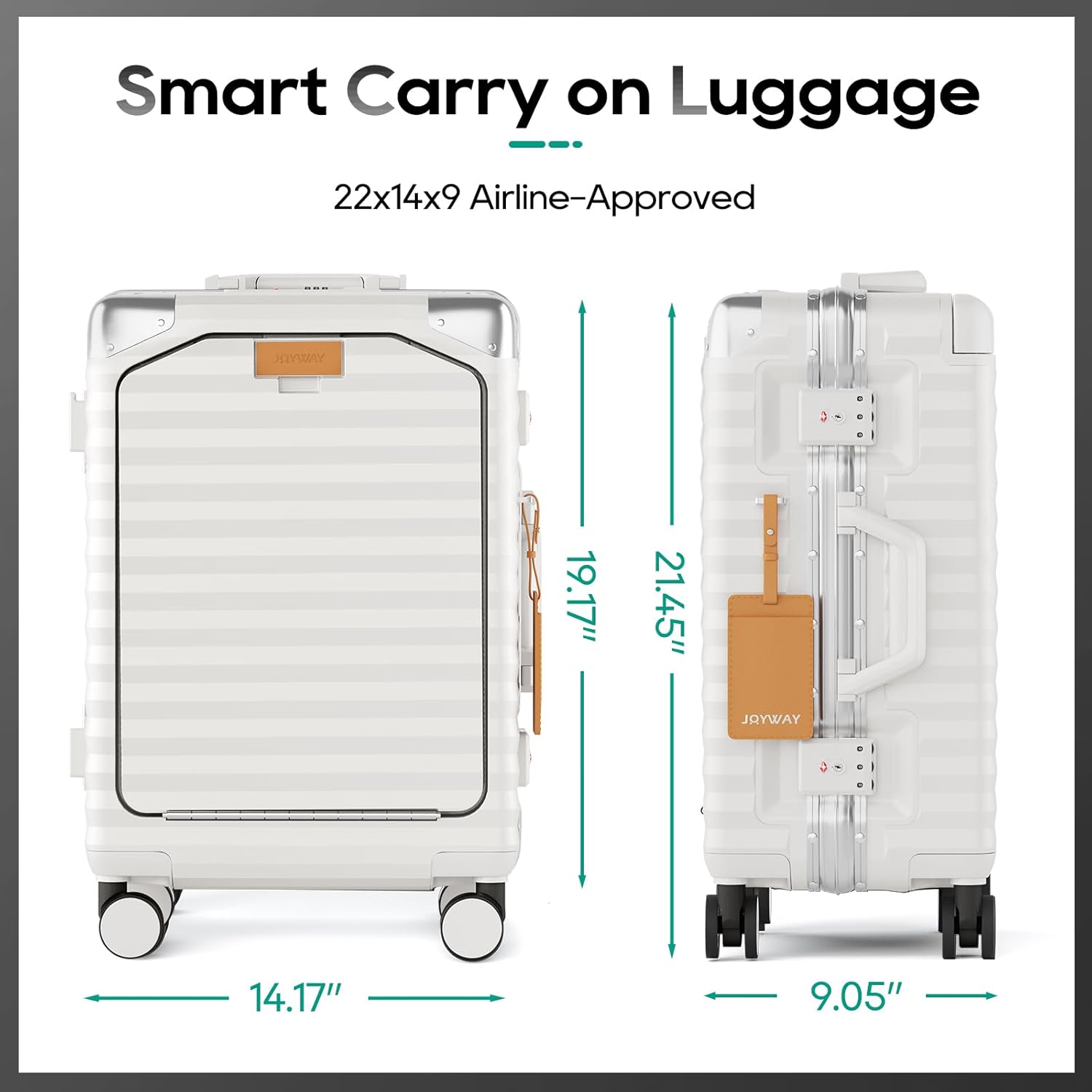 Joyway 20 Inch Carry on Luggage with Aluminium Frame and Front Pocket, PC Hardshell Suitcase with USB Port and Cup Holder, 21.5x14.2x9 Airline Approved, Luggage with Spinner Wheels and TSA Lock(White) - Image 6