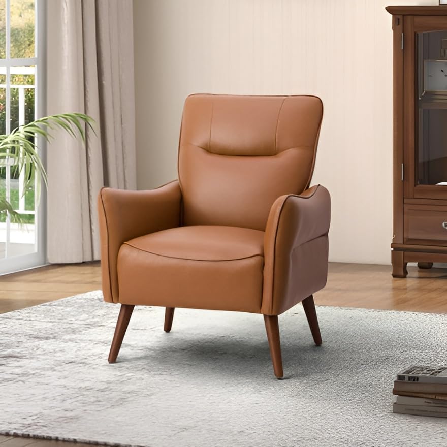 Mid-Century Modern Armchair, Faux Leather Accent Chair Couch with Wooden Legs, for Your Luxurious Living Room Lounge Seat (1, TAN)-image-48