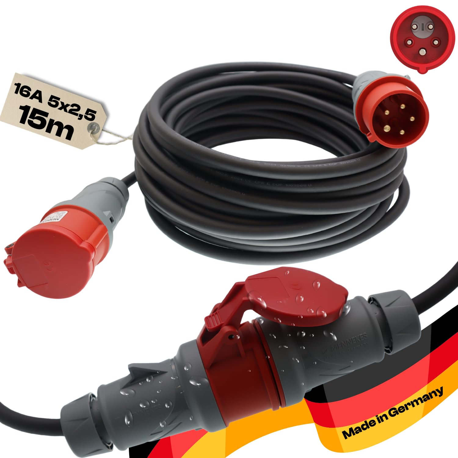 CEE Starkstromkabel Starkstromverlängerung Verlängerungskabel Starkstrom Gummiverlängerung H07RN-F 5X2,5mm² Phasenwender 5P 16A 400V Kraftstromkabel Außenbereich 15m