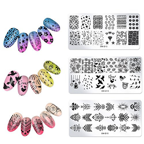 Modelli per decorazione delle unghie e manicure, mascherine per imprimere elementi grafici di nail art, funzione raschietto e stampo, kit da 3 pezzi (OM-D13, OM-D14, OM-D15)