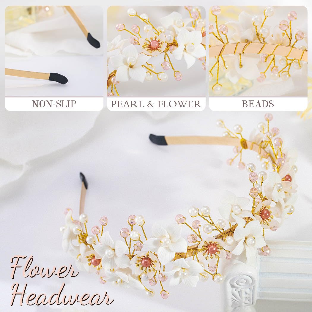 IYOU Bridal Wedding Headband Gold Flower Hair Bands Pearl Beads Headpiece Communion Bride Hair Accessories for Women - Image 3