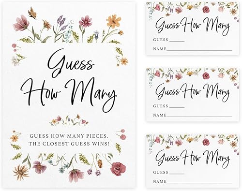 Printed Party Juego de adivinanzas en tarro de caramelo (juego de 50), tema de flores silvestres, incluye letrero de mesa a juego