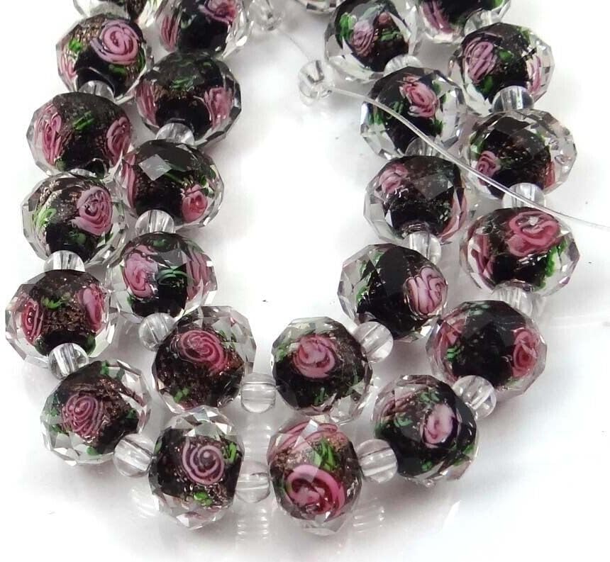 14 Czech Glass Faceted Rondelle Beads - Encased Rose Flower Green 12x8mm from D&J