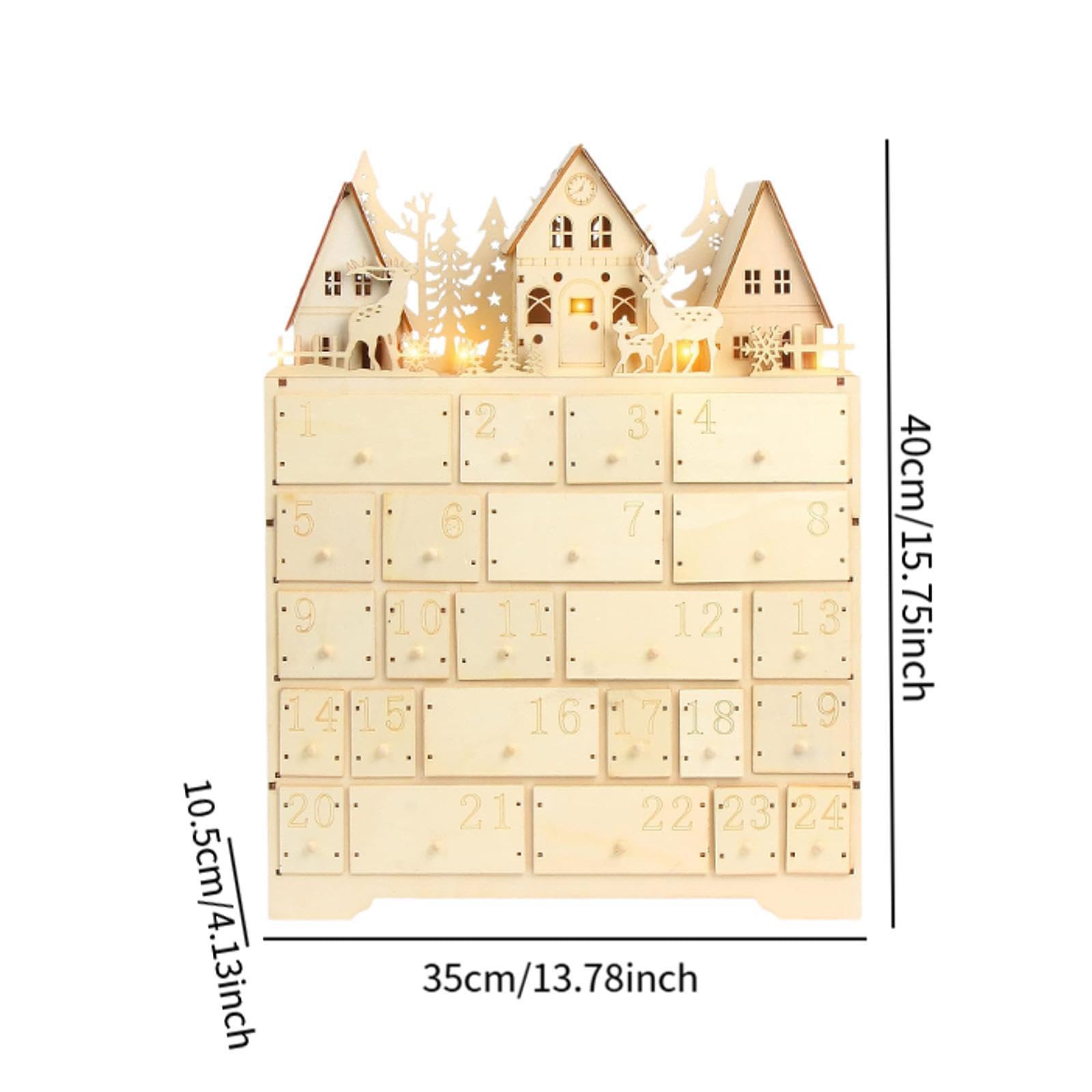 Weihnachts Adventskalender Boxwood mit LED Fächer Holz Kalender Dekoratives Schubladen Ornament Weihnachts für Wohnzimmer Schlafzim