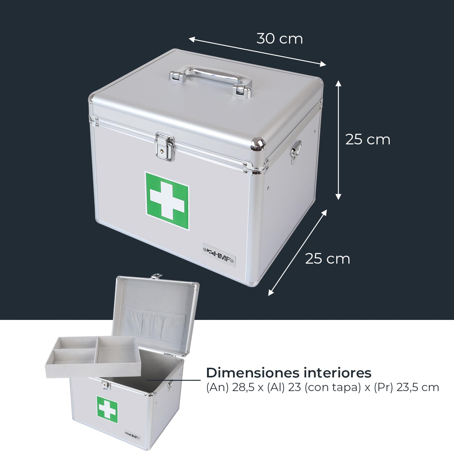 HMF Maletín de Primeros auxilios, Botiquín Médico de Aluminio, Caja de Emergencia con Asa | 30 x 25 x 25 cm