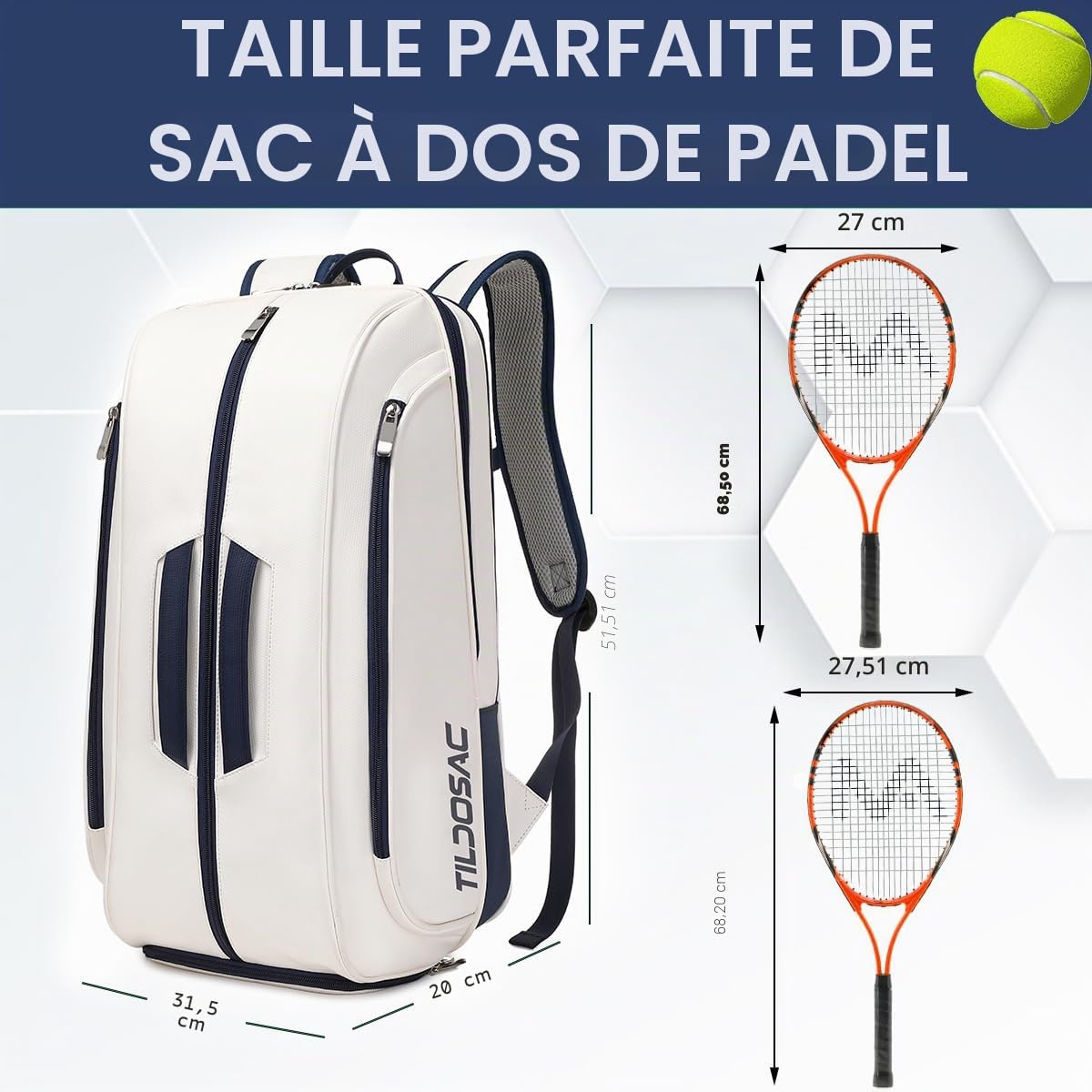 TILDOSAC Tennistasche Schlägertasche für Tennis Padel, Grand Sport Pickleball Sac für Männer Frauen mit Chaussure, Manche pour Ordinateur Portable, fenêtre Crochet, Manche à Balle