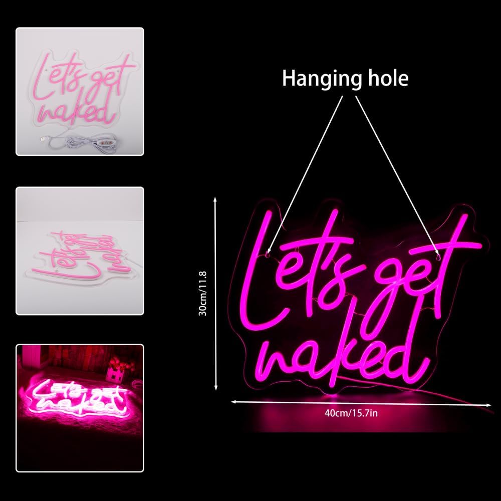 Let's Get Naked Neon Sign for Wall Decor USB Powered Dimmable Pink Letter Led Light Up Signs for Bedroom Men Cave Home Bar Salon Wedding Birthday Party Decor Xmas Gifts for Girls Kids