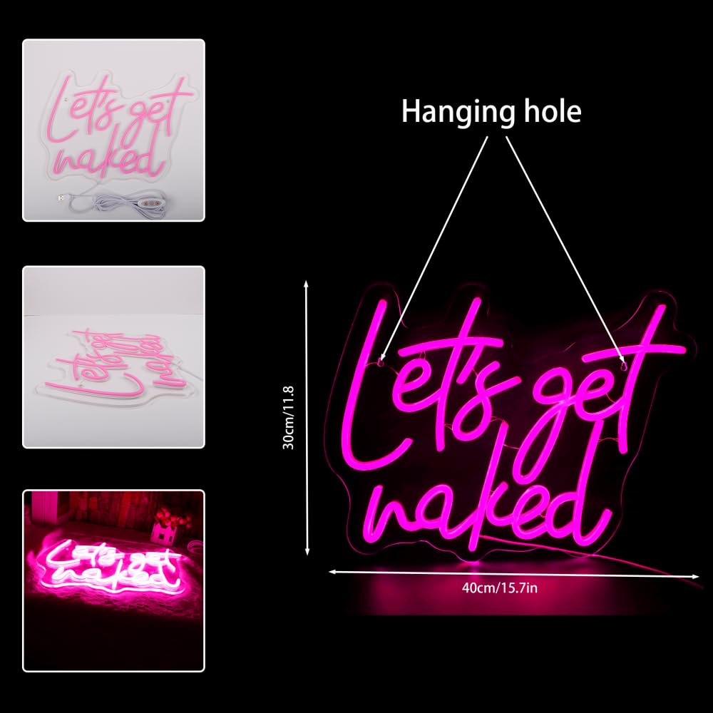 Let's Get Naked neonowy znak do dekoracji ściennej, zasilany przez USB, możliwość ściemniania, różowa litera LED, świecące znaki do sypialni, dla mężczyzn, jaskini, domu, baru, salonu, na ślub