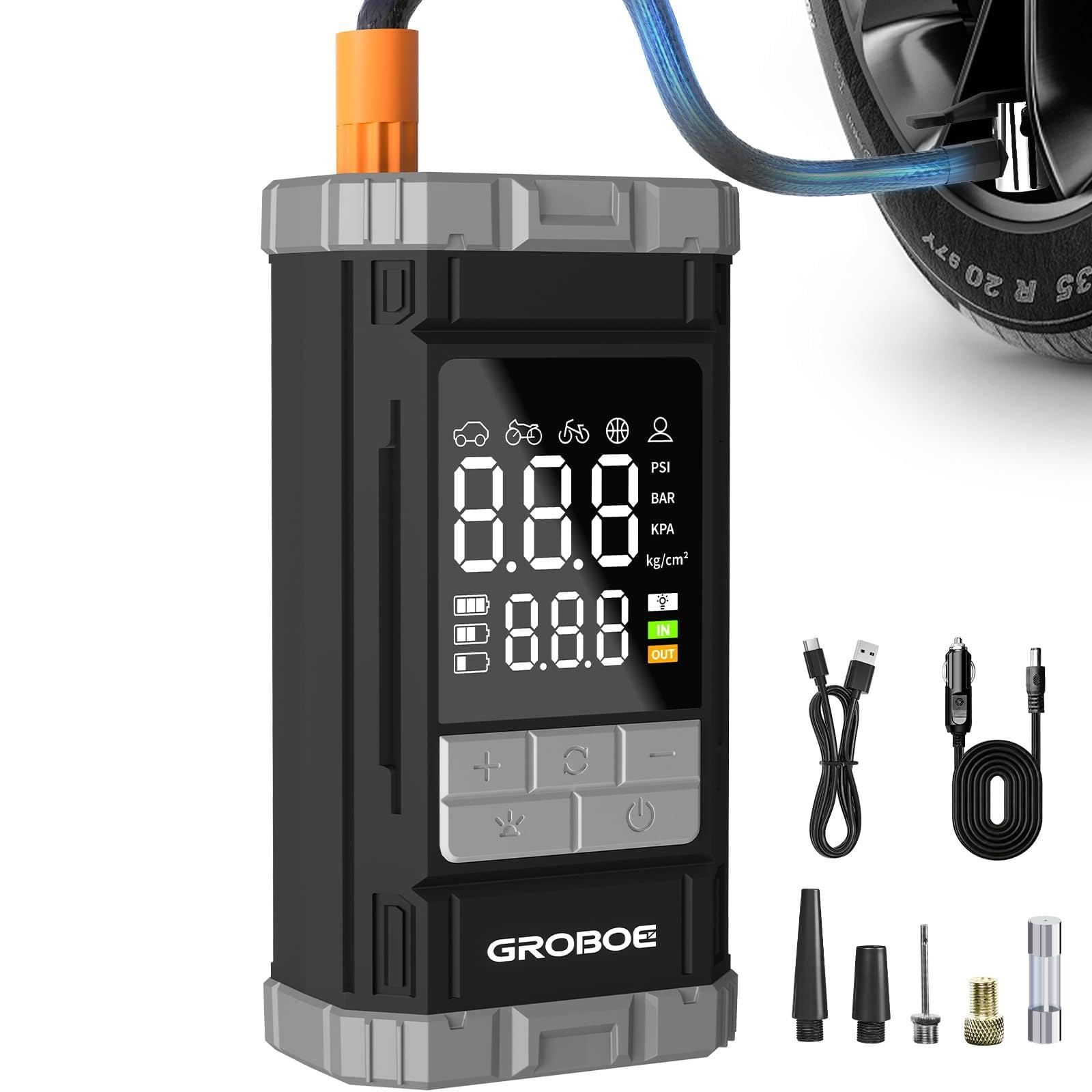 GROBOE Tyre Inflator Air Compressor Portable Car Tyre Pump Cordless Car Air Pump with Digital Pressure Gauge 12V DC 150PSI Rechargeable Electric Bike Pump with Auto Shutoff for Bike Motorcycle Ball - 1