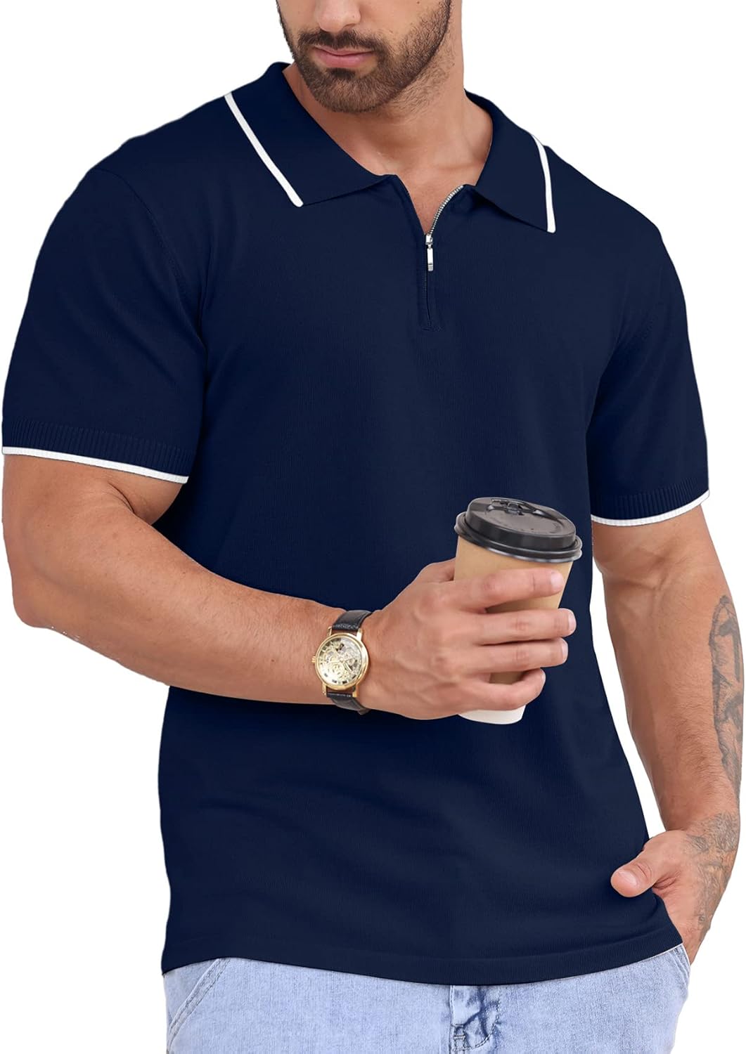 Askdeer Men's Knit Polo Shirt Zipper Short Sleeve Polo T-Shirts Classic Casual Golf Shirts - Image 3