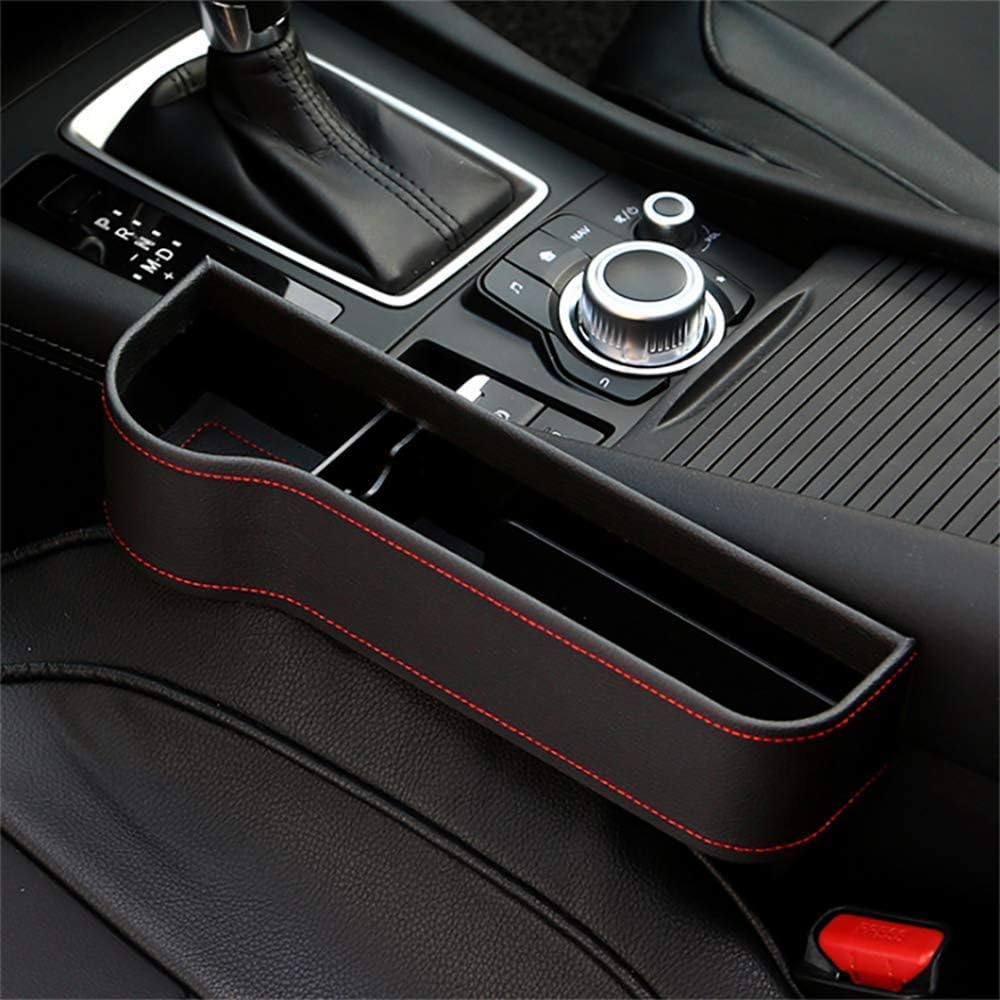 Car Seat Pockets PU Leather Car Console Side Organizer Seat Gap Filler Catch Caddy，Multifunctional with Cup Holder, Storage Box, NOT FIT Central Console Lower Than The Seat (Black)