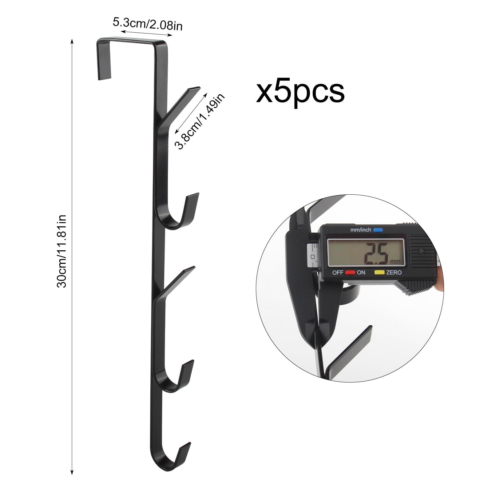 Colgador Puerta 5 Piezas x 5 Ganchos Perchero Puertas 30 cm Gancho Vertical para Puerta No es Necesario Taladrar para Ropa Toallas Sombreros Paraguas Ahorro de Espacio (Negro)