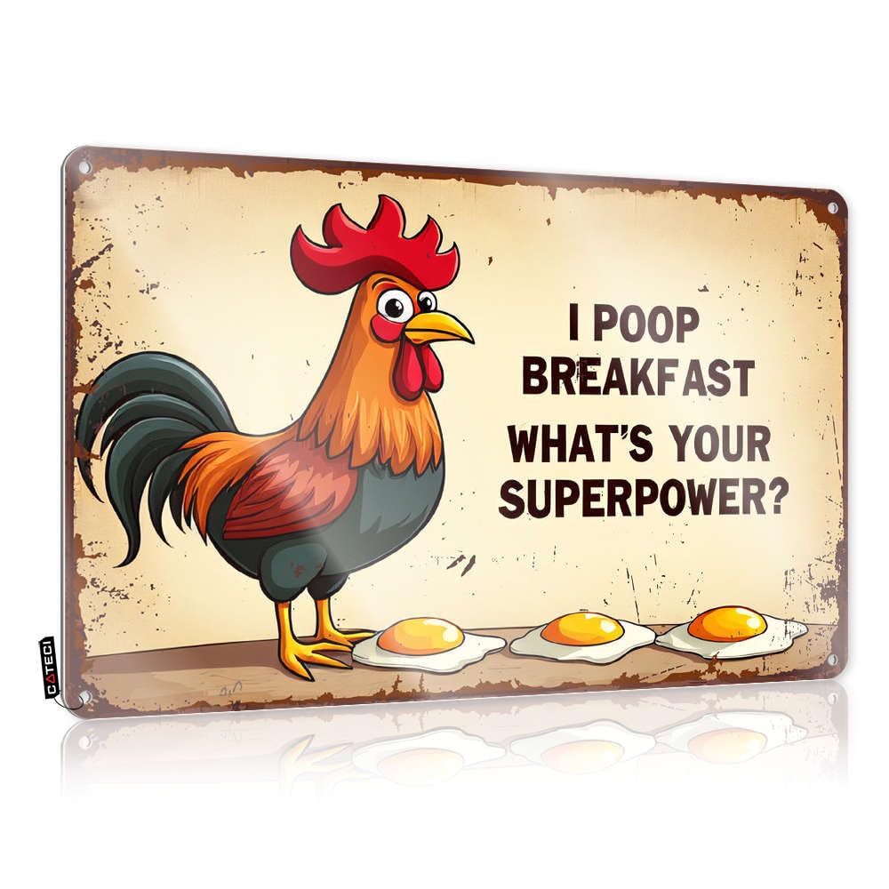 Fzfn Men's Colour Backyard Accessories Tin Sign Rustic Designer | A Cartoon Rooster With Three Fried Eggs Fun Metal Wall Decor For Playroom Home(20X30cm)