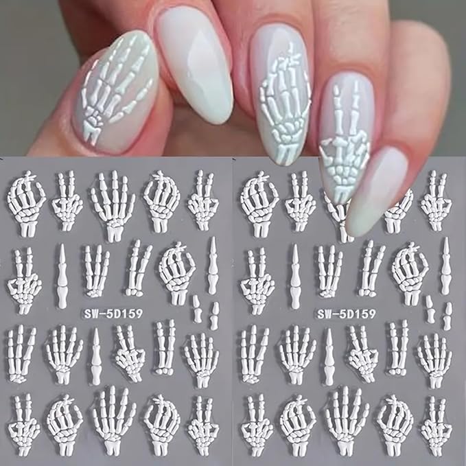 Halloween Skull & Skeleton Nail Art Decals - 3 Sheets, 5D Embossed Finger Skull Stickers, Self-Adhesive Hand Bones Nail Sliders - DIY Manicure Supplies for Women & Girls