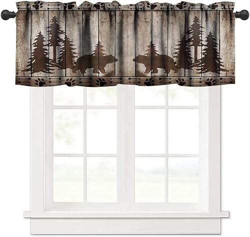 JanJCurt Cenefa de cocina con diseño de oso de oso rústico, bosque de pinos, animales salvajes, oso negro, retro, cenefa de ventana de madera para