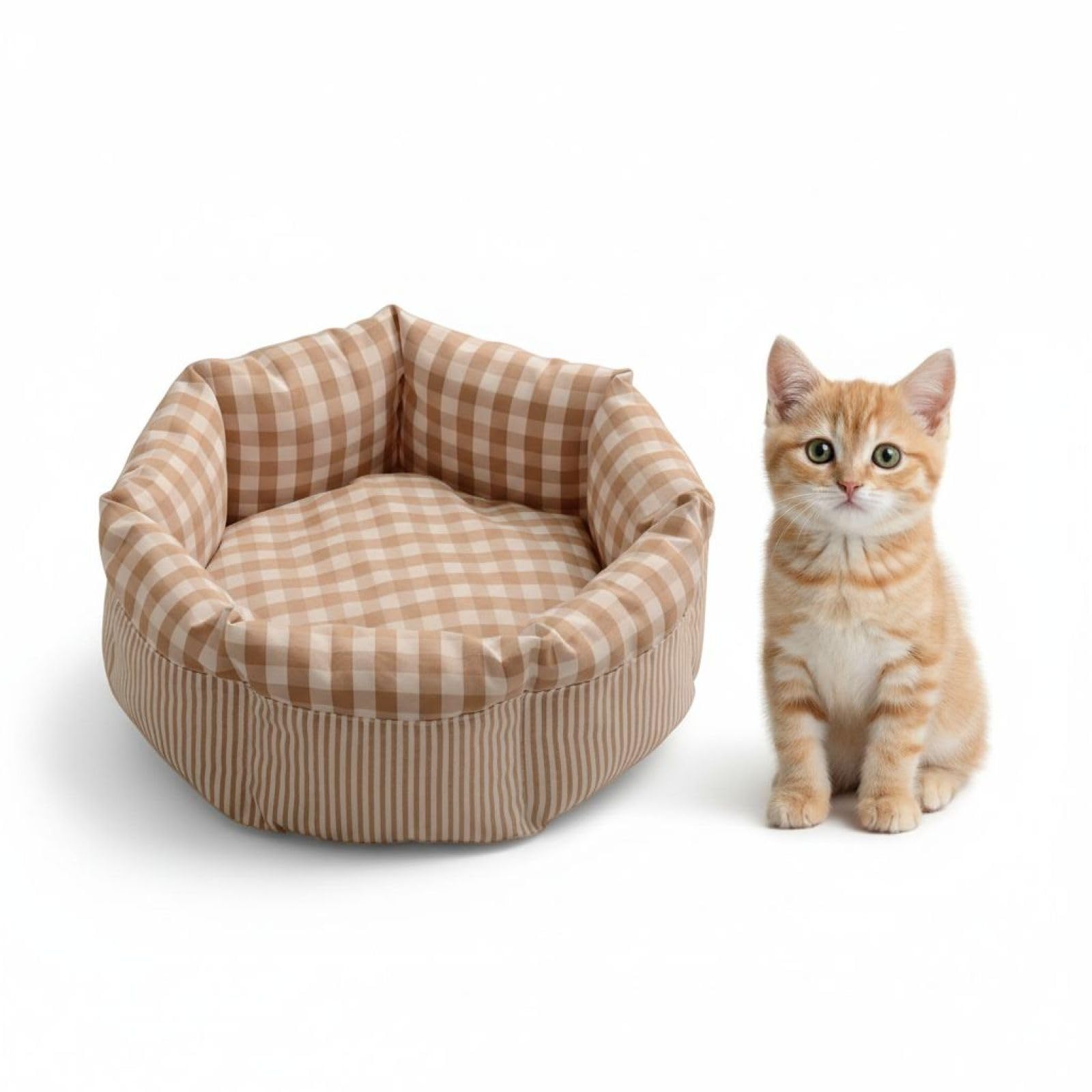 Generisch Cama para gatos y perros pequeños, cama redonda para mascotas con patrón de cuadros amarillos, suave y cómoda para acurrucarse, diseño cerrado con lados altos, 16.5 pulgadas