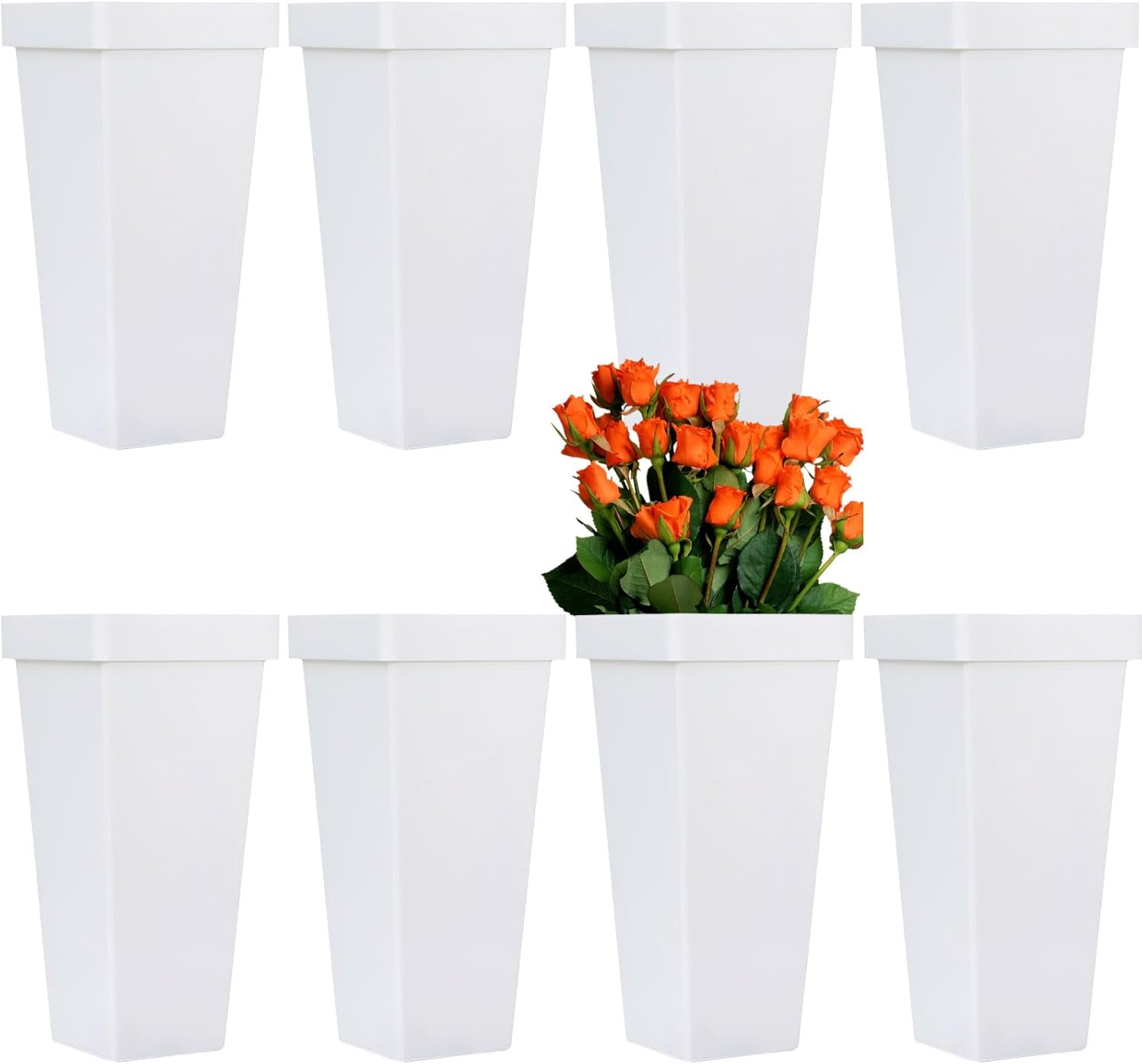 8 Pack Flower Buckets for Cut Flowers 13.4 Inch Plastic Floral Buckets Modern Square Vases for Centerpieces Display Decorative Plastic Vases for Home Office Wedding Decorations-White