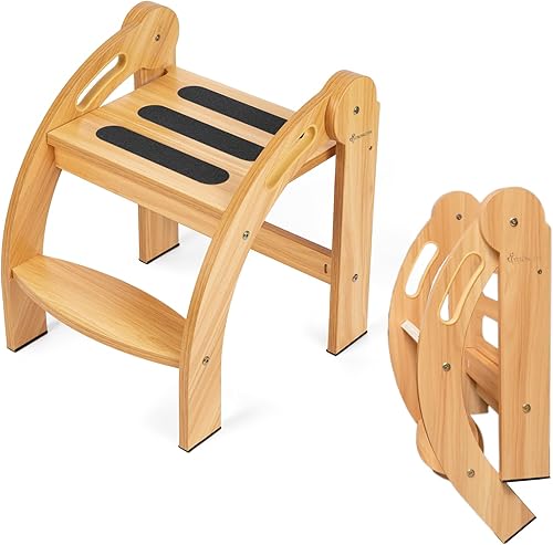 StrongTek Taburete infantil con pasamanos, taburete de seguridad plegable, amplia superficie antideslizante, escalera de madera de 12 pulgadas para