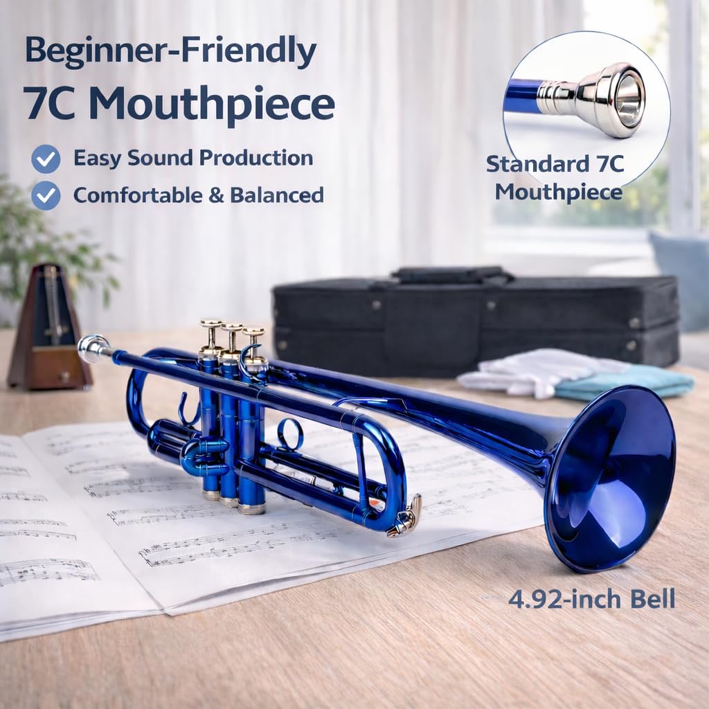 Bb Trumpet Set for Students and Beginners, Standard Brass Trumpet with Hard Case, 7C Mouthpiece, Gloves, Cleaning Cloth, Blue