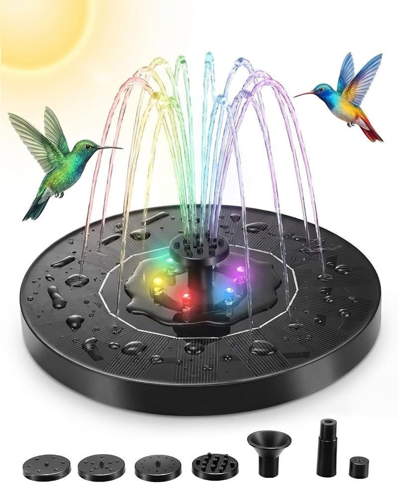 Solar Powered Floating Water Fountain Pump with Color Changing LED Lights, Equipped with 7 Adjustable Spray Nozzles, Energy Saving Outdoor Water Decor for Bird Baths, Small Ponds and Backyard Pools