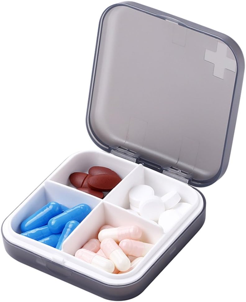 ZDQZC (4 Compartment, Gray) - Pill Organiser Case - Portable Pill Box Small Pill Container for Purse or Pocket, Excellent Pill Storage Case (Grey, 4 Compartment)
