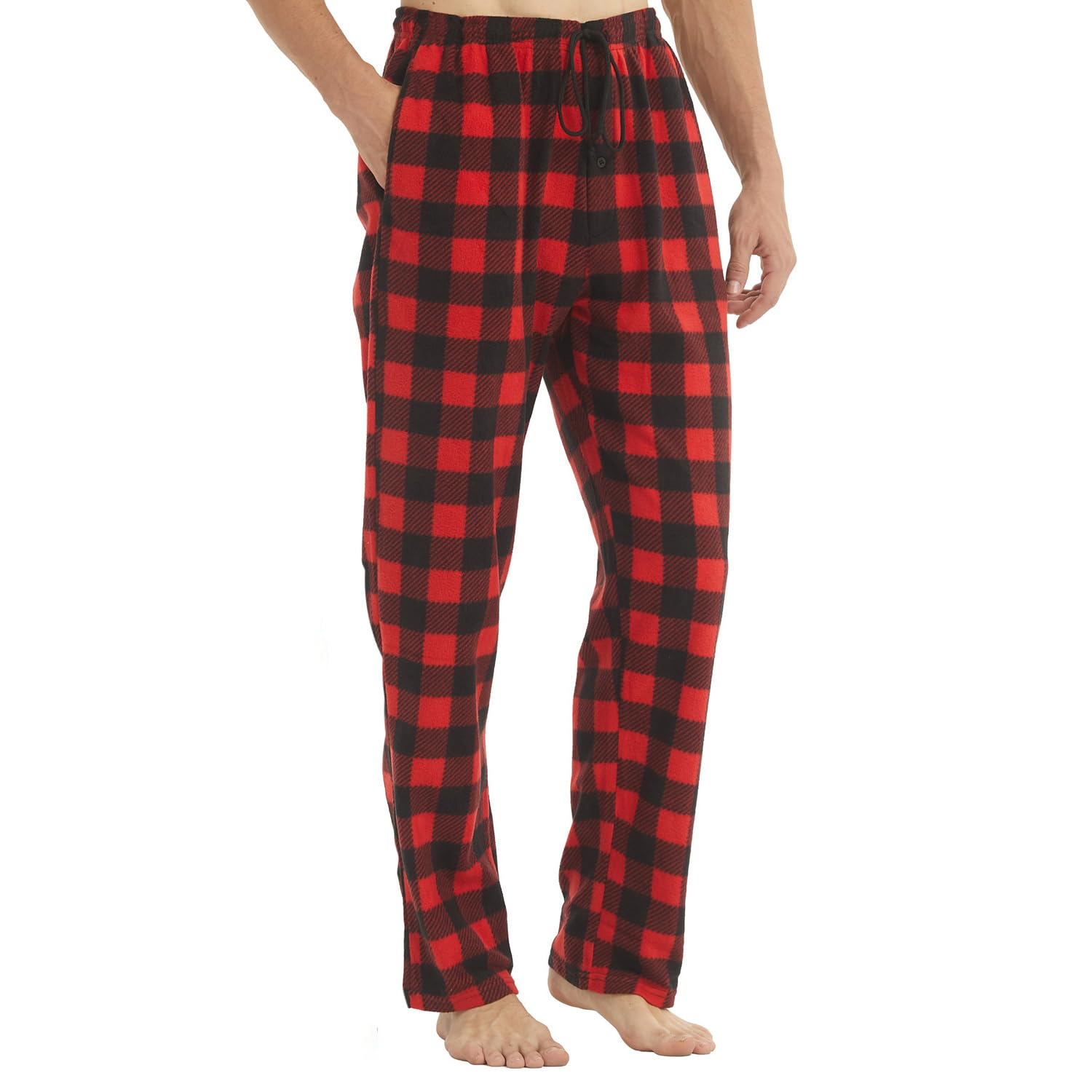 LNFINTDO 1-2 Pack Heren Pyjamabroek Fleece Geruit Lounge Pyjamabroek Zachte Geruite Pjs Broeken met Zakken Nachtkleding Slapen, Rood, M