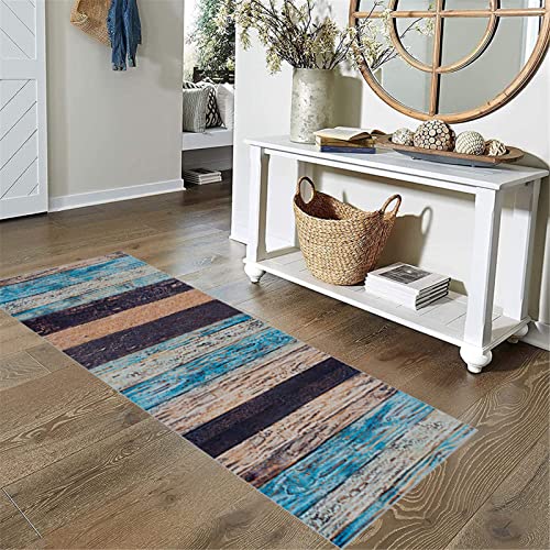 Tapis de cuisine lavables bleu et antidérapant à effet bois rustique