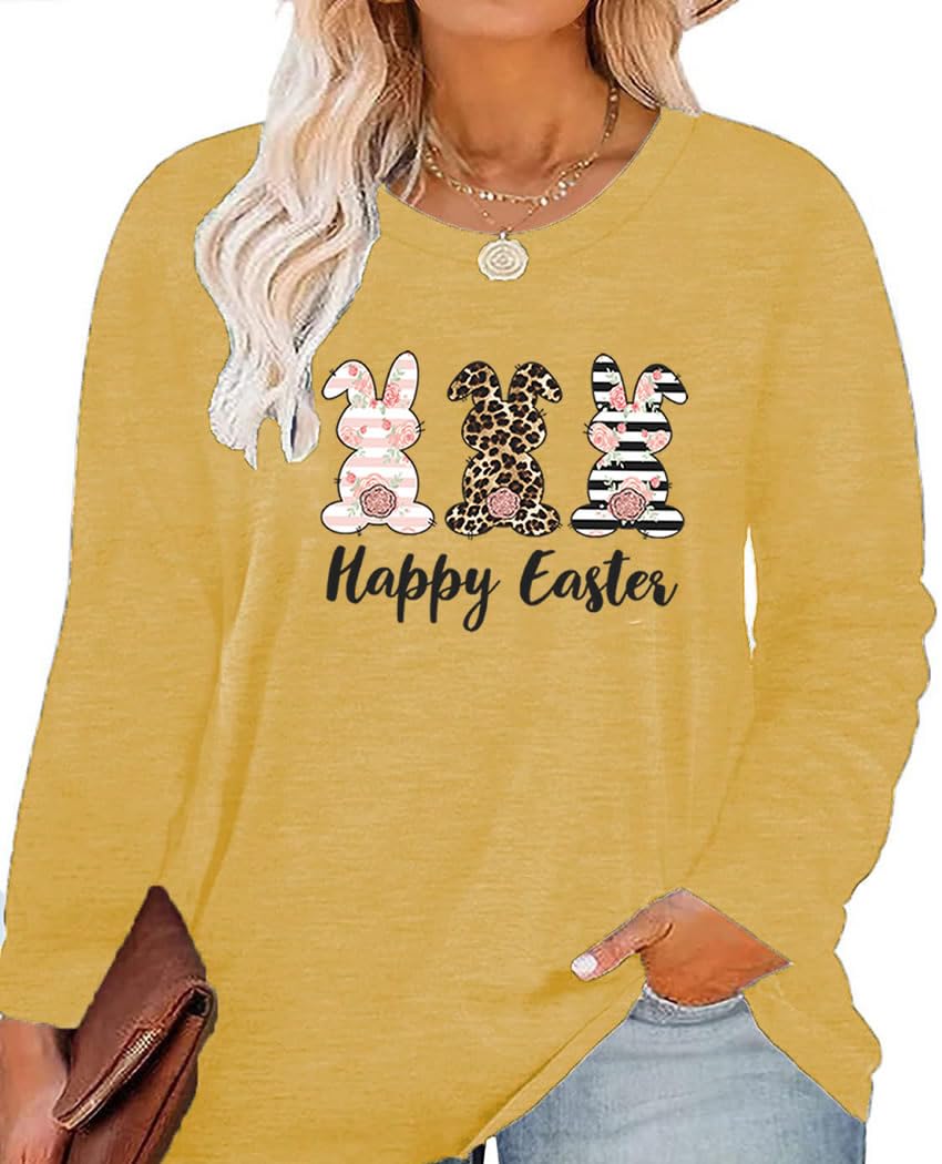 GeLivablePlus Size Happy Easter Funny Cute Bunny Rabbit Graphics Print Shirt Women Long Sleeve Tops