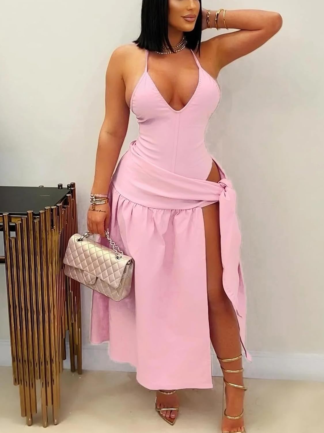 Two Piece Skirt Set Women Sexy Halter Backless Bodysuit and Wrap Tied High Split Summer Maxi Skirt Set - Image 2