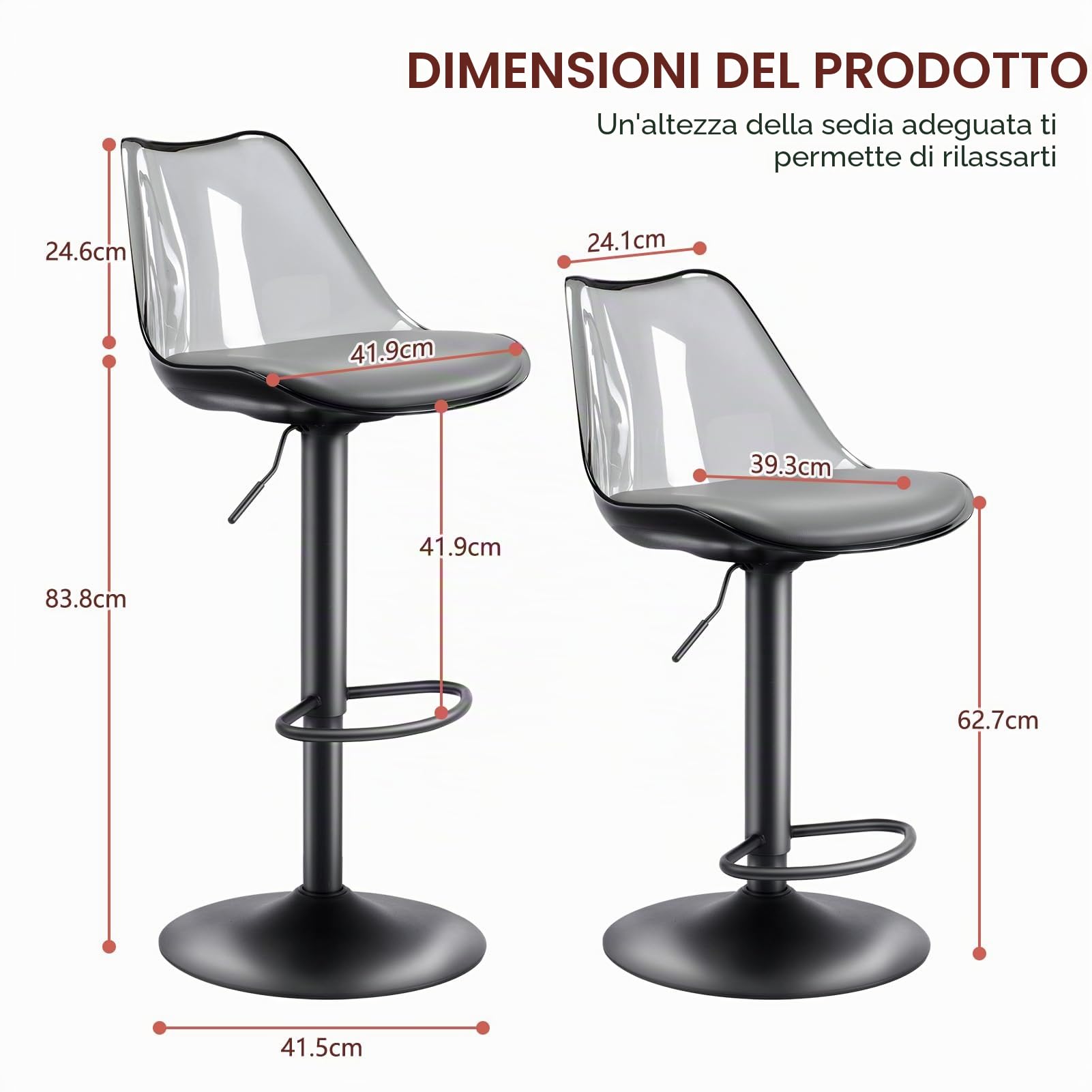 SEPNINE Sgabelli Cucina Set di 4, Sgabelli da Bar Moderni Design, Sgabello Alto con Schienale Trasparente, Sgabello Cucina Regolabile in Altezza per Sala da Pranzo, Bar Nero/Grigio