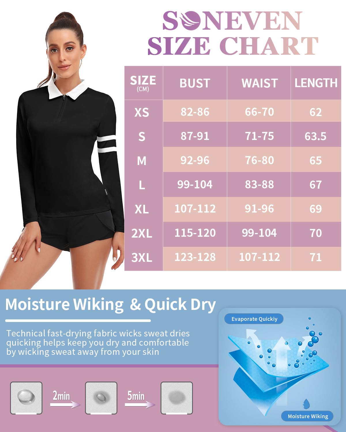 Soneven Polo Femme Manches Longues Sport t-Shirts Manches Longues Golf Tops 1/4 Zippé Séchage Rapide Fitness Hauts