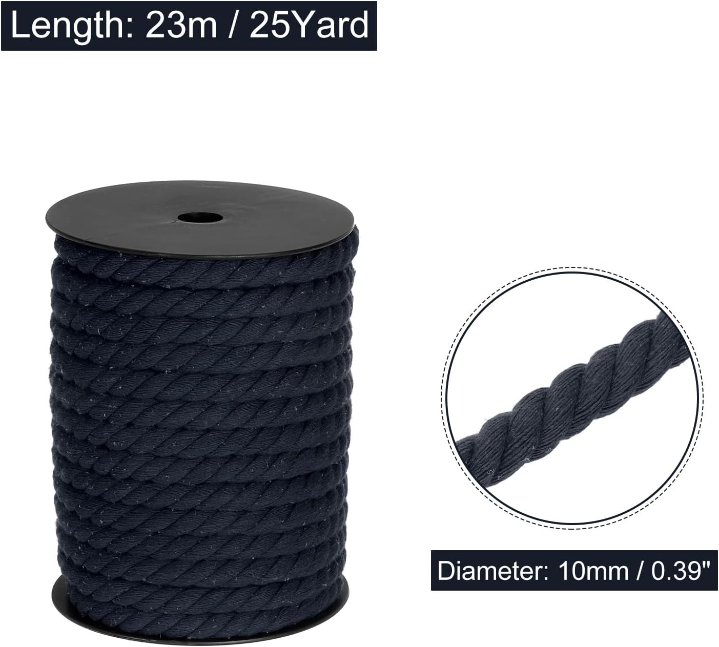 MECCANIXITY Cotton Rope 3 Strand Twisted Braided Rope Cord, Navy Blue 10mm x 75ft Craft Rope Cord Cotton for Wall Hanging, Plant Hanger, Knitting, Macrame Knotting