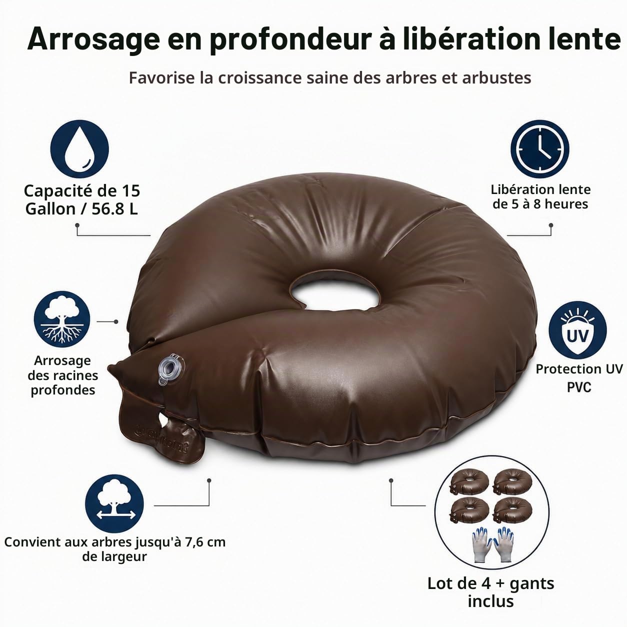 IRSTBL - Lot de 4 anneaux d'arrosage pour arbres – Sacs d'irrigation à libération lente de 56,78 l – 5 à 8 heures d'arrosage en profondeur pour arbres et arbustes – Comprend des gants de jardinage