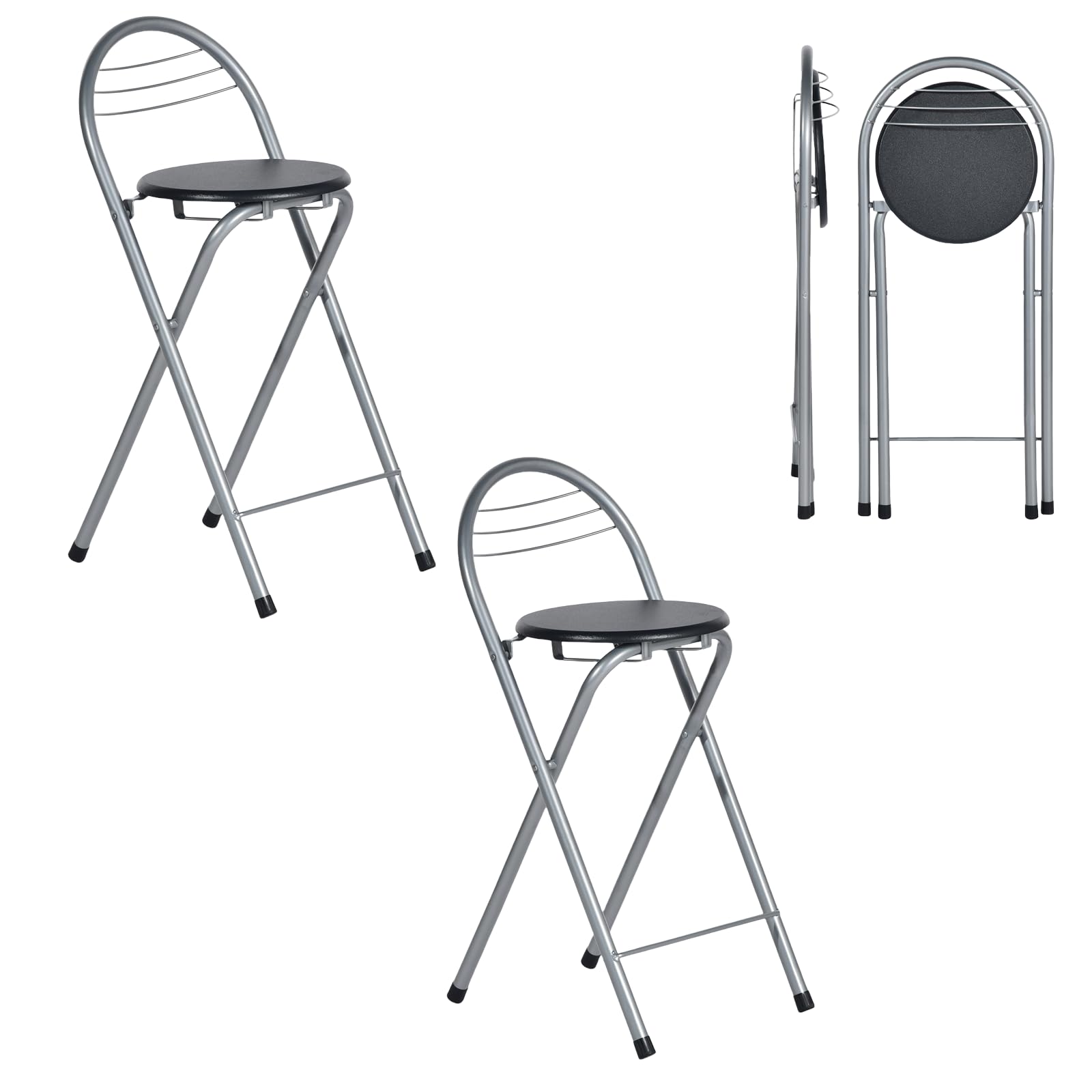 ZZINOKE Set de 2 Taburete Bar Plegable, Silla Plegable De Metal y Madera, No Requiere Montaje, Apto para Cocina, Bistró, Tienda, Exterior, Altura del Asiento 61 cm (Plateado y Negro)