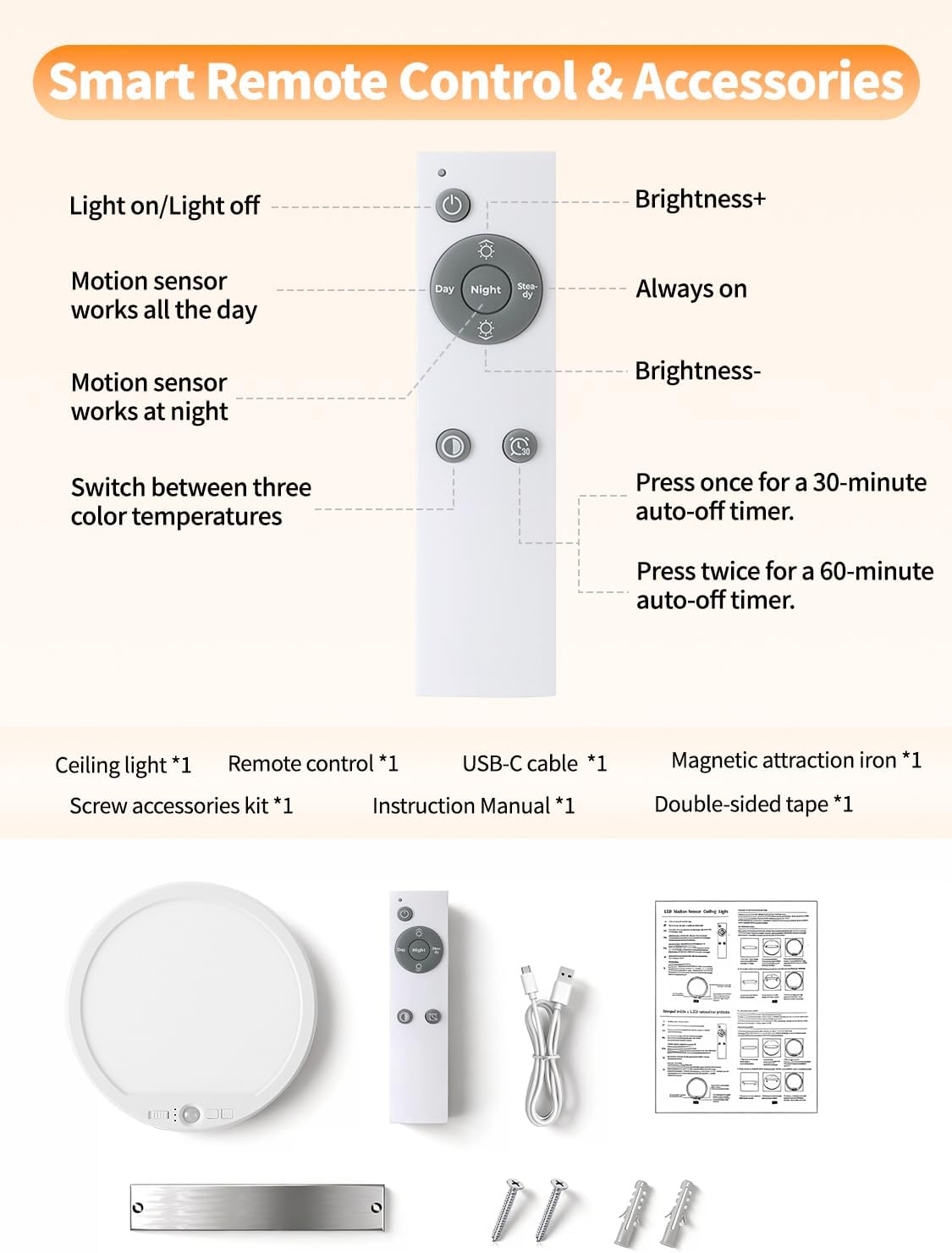 Rechargeable Motion Sensor Ceiling Light with Remote, Magnetic Mount, Cordless, Dimmable 3 Color Temperatures (6500K~3000K), No Wiring LED Light for Closet, Stairs, Hallway, Porch, Pack of 2