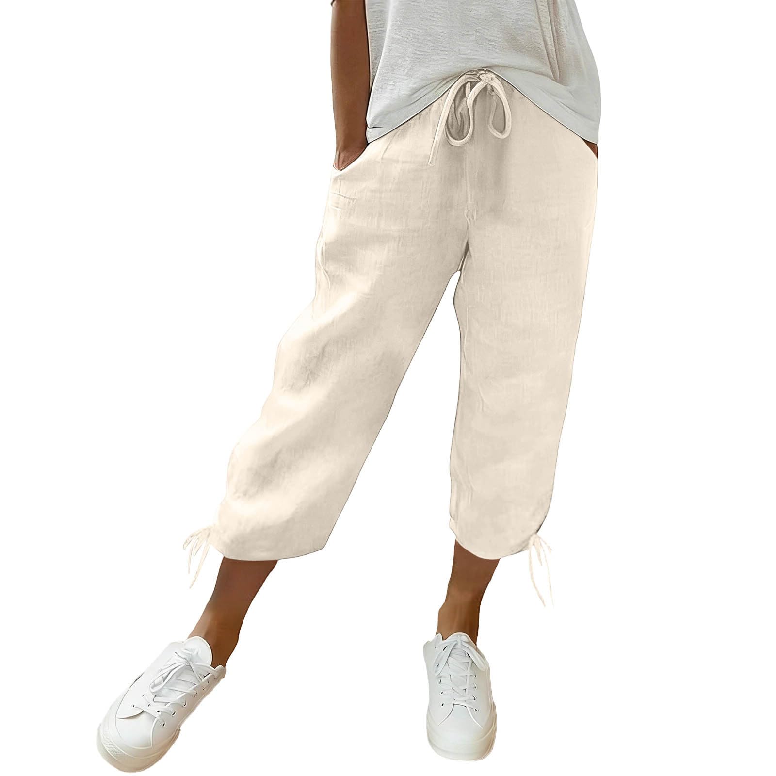 Women's Cotton Linen Capri Pants Elastic Waist Drawstring Casual Loose Summer Lightweight Cropped Trousers Comfy