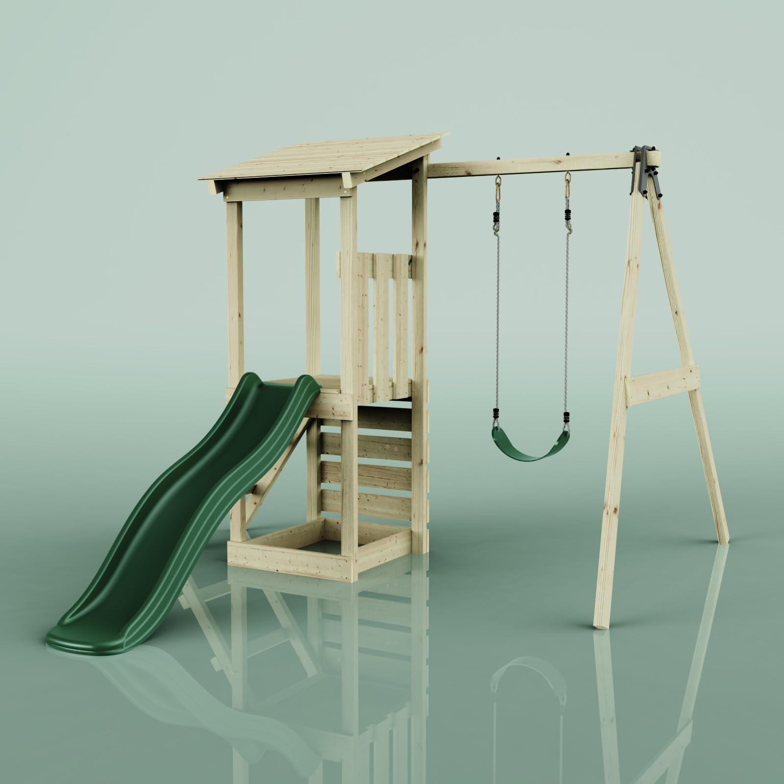 OutdoorToys Lyon Spielturm aus Holz – Grüner Turm mit Schaukel & Rutsche