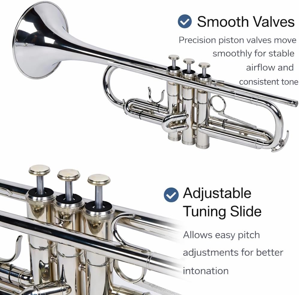 Bb Standard Trumpet for Students & Beginners, Brass Trumpet Set with Hard Case, 7C Mouthpiece, Cleaning Cloth & Gloves, Silver Nickel