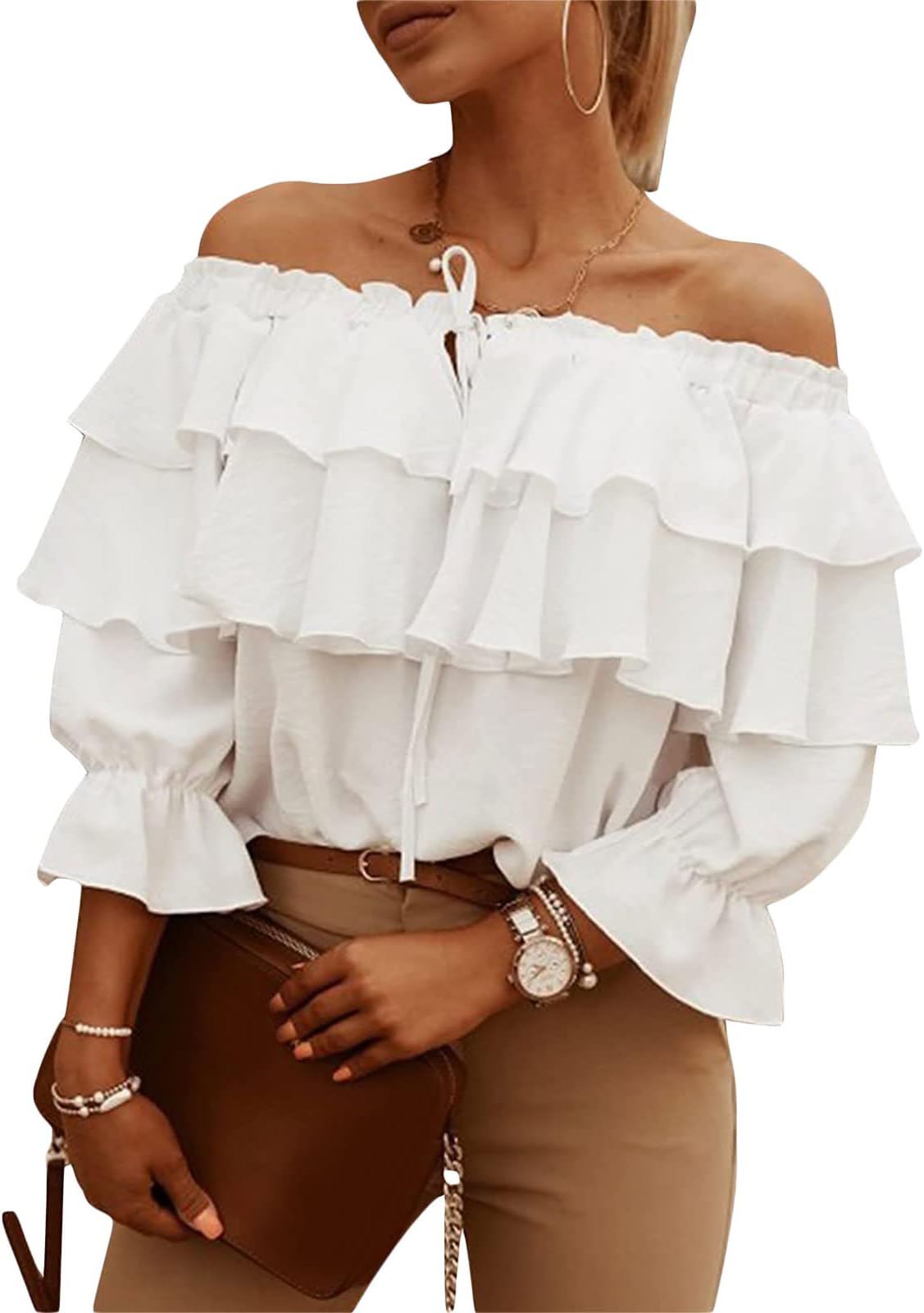 YILEEGOOWomen's Sexy Off Shoulder Ruffle Long Sleeve Blouses Shirt Casual Layered Tops Ruffles Tie-Up Chiffon Summer Tops
