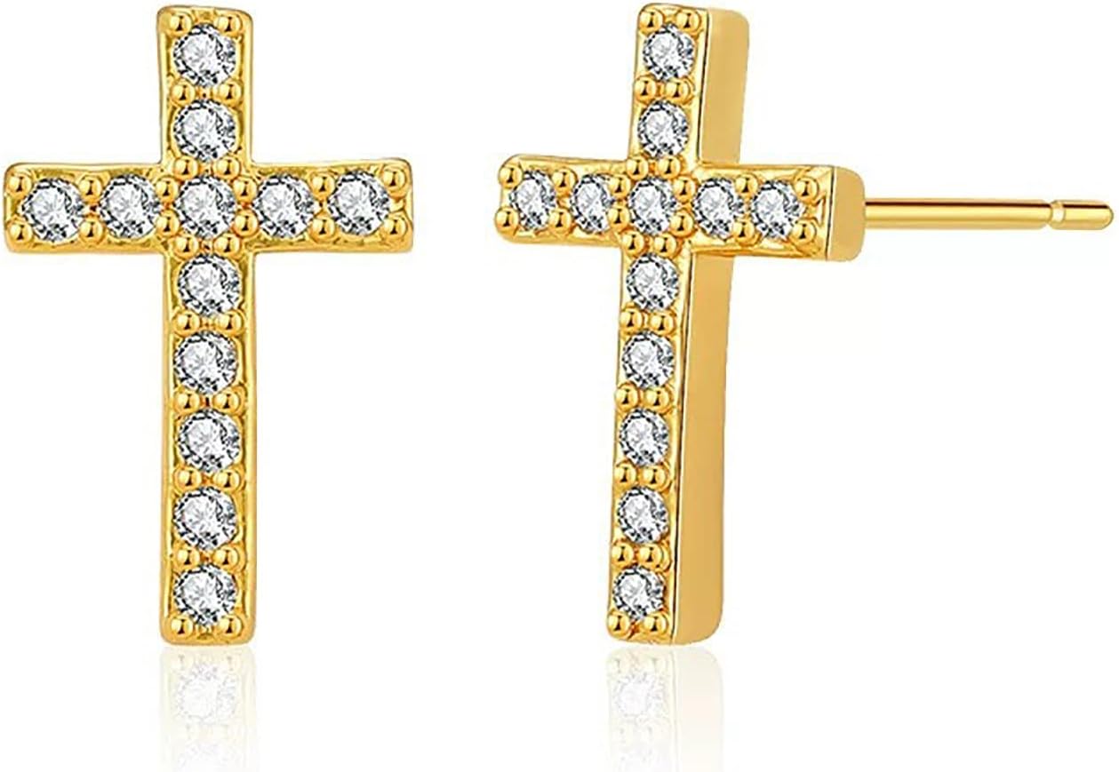 Petite 14K Gold Plated Cross Stud Earrings for Women - Mini Chic Studs, Hypoallergenic