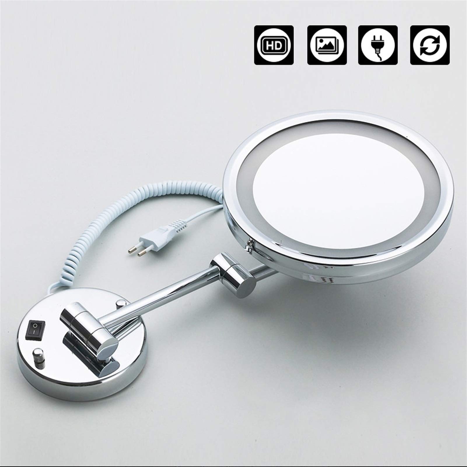 Una Sola Cara LED Cuarto de baño Espejo de baño, de Pared Espejo para afeitarse, Plegable Espejo de Maquillaje de iluminación, Espejo de Aumento 3X, para Baño,Silver