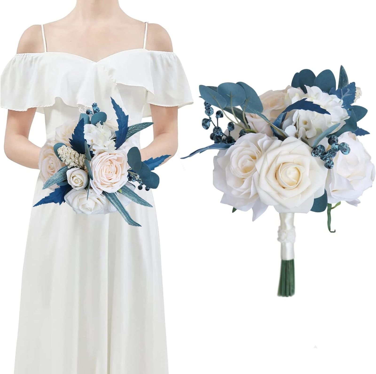 CHAKEUZND Artificial Holding Flowers Bouquets, Wedding Bouquet For Bridesmaids, Holding Bouquets For Vintage Wedding, Real Touch Artificial Rose Bridesmaid Bouquet With Linen Ribbons
