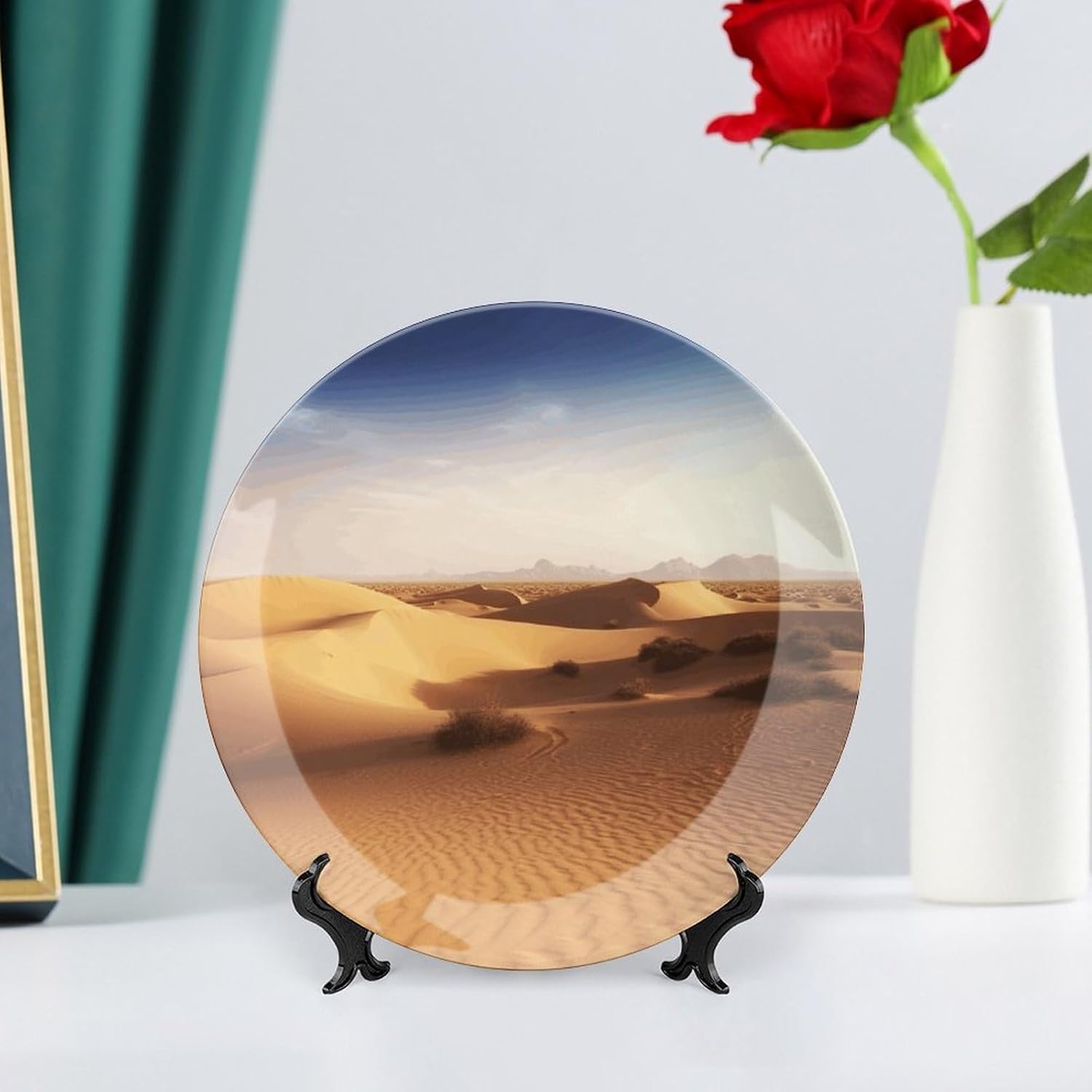 Desert Landscape Decorative Plates for Display Round Porcelain Plate Living Room Table Ceramic Hanging Decorative Plate Art Decor for Living Room Table with 1 Display Stand 8inch