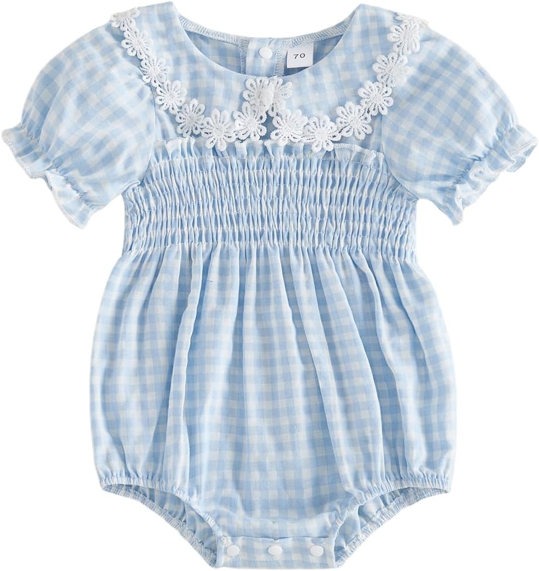 MERSARIPHY Newborn Baby Girl Summer Clothes Peter Pan Collar Plaid Flower Smocked Bubble Short Sleeve Romper One Piece Outfit